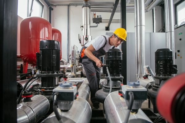 Technician working on industrial pump equipment in a mechanical room
